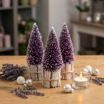 Itens Árvore de Natal decorativa em roxo com ponta de neve sobre base de madeira rústica 15cm 3 peças.