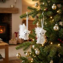 Itens Amuletos de esquilo branco de 6 cm com detalhes de brilho e penas - perfeitos para decoração festiva de árvore de Natal - pacote de 2