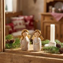 Itens Dupla encantadora de anjos feita de cerâmica em branco creme com detalhes dourados - 8,6 cm - Figuras decorativas celestiais - 2 peças