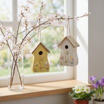 Itens Decoração para pendurar casinha de passarinho madeira branco amarelo 13cm 2 un