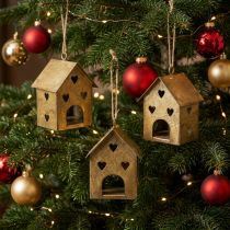 Itens Enfeites de Natal, casinha de metal, dourado vintage, 9,5 cm de altura, conjunto de 3 peças