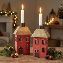 Itens Porta-velas de madeira vermelha com 2 peças, altura 14,5 cm