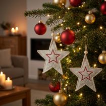 Itens Enfeites de Natal em forma de estrela de feltro para árvore de Natal, bege e vermelho, 13 cm, conjunto de 6.