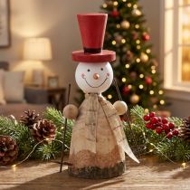 Itens Boneco de neve feito de figura decorativa de madeira com chapéu vermelho natural Alt.20,5cm