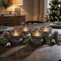 Itens Porta-velas de vidro decorativo, canelado, tom cinza, Ø9cm, A7cm, 4 peças