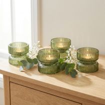 Itens Porta-velas de vidro decorativos, canelados, verdes, Ø9cm, A7cm, conjunto de 4 peças