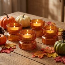 Itens Castiçais de vidro canelados para velas pequenas, laranja, Ø9cm, A7cm, conjunto de 4 peças