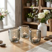 Itens Castiçais de vidro cinza com design canelado para velas pequenas, 8 cm, conjunto de 6 peças.