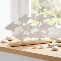Itens Decoração Cardume de Peixes Peixe Branco Metal Madeira Natural 28x16cm