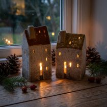 Itens Casinha decorativa de cerâmica com chaminé, para vela pequena, outono e inverno, 13 cm, 2 peças.