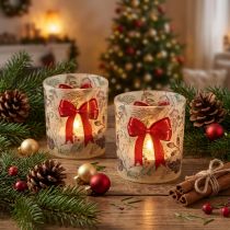 Itens Castiçal de vidro para vela votiva com ramos de Natal e fita vermelha, 8 cm, 2 peças