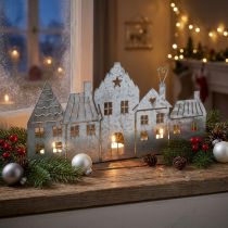 Itens Decoração de natal casinhas porta velas metal prata 25cm