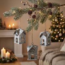 Itens Enfeites de Natal, casinha de metal, estilo shabby chic, branca, 9,5 cm de altura, conjunto de 3 peças