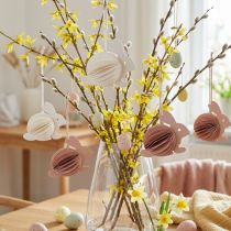 Itens Coelhinhos de Páscoa em favo de mel para pendurar, brancos e laranjas, 8 cm de altura, 5 peças