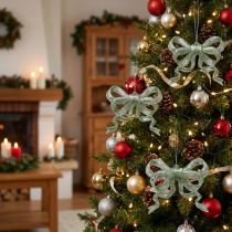 Itens Laço de enfeite de árvore de Natal de 9 cm com glitter verde, pacote com 12 unidades