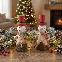 Itens Adorável conjunto de 2 bonecos de neve de madeira com cartolas vermelhas - decoração de mesa de inverno - natural e vermelho, 15,5 cm 2 unidades