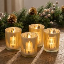 Itens Porta-velas de vidro, prata e dourado, com desenho da paisagem urbana, 12,5 cm de altura, conjunto com 4 peças.
