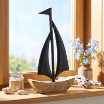 Itens Veleiro Decorativo Madeira Metal em Preto Natural H30.5cm