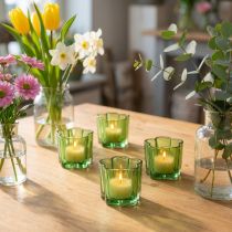 Itens Porta-velas decorativos de vidro em formato de flor, verdes, Ø7,5cm, A6cm, conjunto com 6 peças.