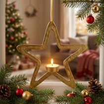 Itens Porta-velas estrela decorativa em metal para pendurar dourado 24cm