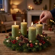 Itens Conjunto de 4 velas cilíndricas verde-oliva de 50×100mm, decorativas e de cor sólida.