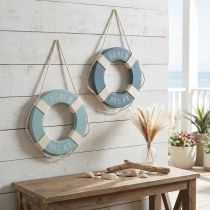 Itens Boia salva-vidas decoração de madeira para pendurar azul marítimo Ø13cm 2 peças