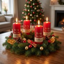 Itens Velas vermelhas do Advento "Feliz Natal" feitas de cera de estearina e colza para decoração natalina, conjunto de 4, 130/60mm