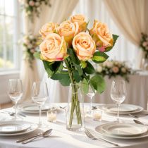 Itens Buquê de rosas artificiais com aparência realista, de longa duração, para decoração de casamento, 44 cm, 6 peças.