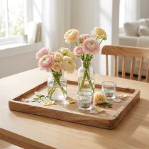 Itens Bandeja decorativa retangular em madeira de acácia com acabamento natural, 30×25cm