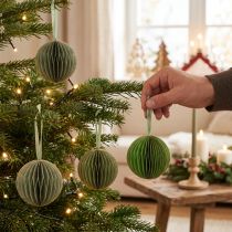 Itens Enfeites de Natal, bolas de papel em formato de favo de mel, verdes e douradas, 7 cm, 4 peças, decoração