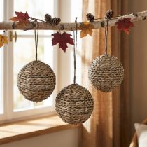 Itens Bolas decorativas para pendurar, bolas de palha, cinza, Ø15cm, 3 peças