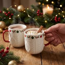 Itens Copo de Natal em cerâmica com padrão de malha e decoração festiva 9cm - vermelho-branco 2 unidades