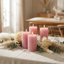 Itens Conjunto de 4 velas rústicas em formato de pilar, rosa antigo, velas de alta qualidade, tingidas por completo, 80x110mm, para decoração elegante e longa duração.