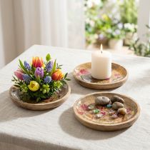 Itens Pratos de madeira com flores e borboletas, rosa natural, Ø15cm, conjunto de 3 peças