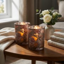 Itens Lanterna de vidro decorativa peônias prata marrom H12,5cm 2 peças