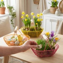Itens Cesto de arame com alça de madeira. Design prático. Ideal para decoração de primavera, casa e escritório. 17 cm, 6 peças.