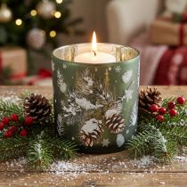 Itens Porta-velas de vidro com pinhas e flocos de neve, 15 cm
