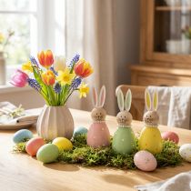 Itens Figuras decorativas de coelhos em madeira em tons pastel, coelhinhos da Páscoa com colar de pérolas, 14,5 x 5 cm, conjunto de 3 peças.