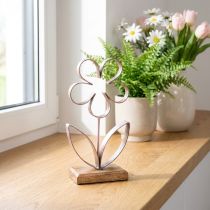 Itens Decoração de Metal Flor em Base de Madeira Rosa Velho Prata H29cm