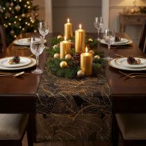 Itens Caminho de mesa de organza preto-dourado – elegante rolo de tecido decorativo com padrão de folhas 48 x 450cm