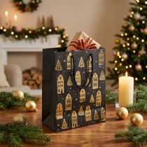 Itens Saco de Natal preto/dourado casas de abeto 18x10x23cm 2 unidades