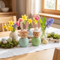 Itens Conjunto de 8 estatuetas de coelhos de madeira para a Páscoa, decoração de mesa, coelhinhos fofos, decoração de primavera, 9 cm.