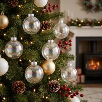 Itens Enfeite de Natal de vidro – transparente perolado com efeito iridescente e gancho de metal, 5 cm, 24 peças