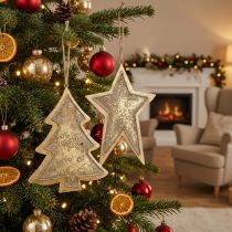 Itens Pingentes de metal de abeto e estrela, decorações para árvores de Natal, decoração de Natal dourada, aparência antiga H15.5 / 17cm 4 unidades