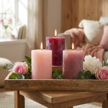 Itens Conjunto de velas de pilar, nas cores rosa e framboesa, 70x100mm, longa duração, pacote com 12 unidades, ideal para decoração e presente.