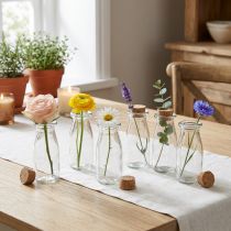 Itens Mini vasos de vidro com rolhas, 13,5 cm de altura, 5,5 cm de diâmetro, conjunto de 6 peças.