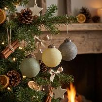 Itens Enfeites de Natal de vidro, flocados, amarelo/verde/cinza, Ø6cm, 3 peças