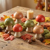 Itens Cogumelos de madeira, decoração de outono, cogumelos, verde, vermelho, laranja, 6,5 cm de altura, 9 peças.