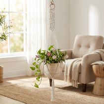 Itens Cesto suspenso em macramê estilo boho vaso de madeira Ø22cm