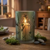 Itens Lanterna de vidro branco com motivo prado verde Alt.18cm